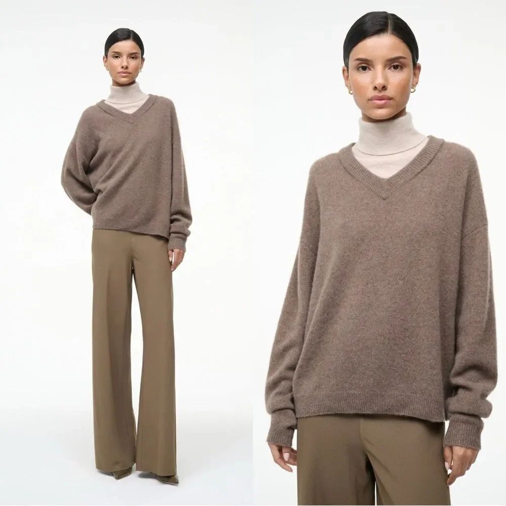 STAUD Cashmere V neck sweater in taupe